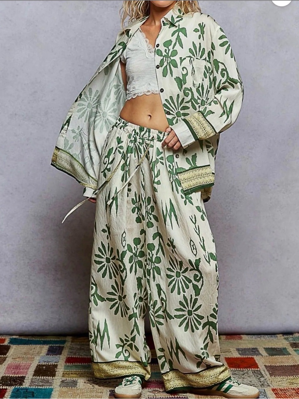 POL Cream & Green Floral Wide Leg Pants Set with Jacket